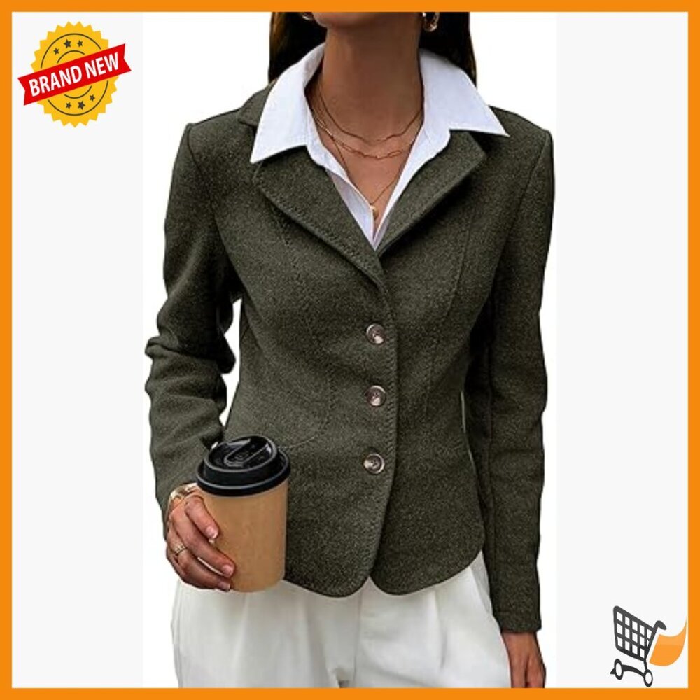 Cropped Tweed Blazer Jacket Slim Fit Work Casual Polyester Lined